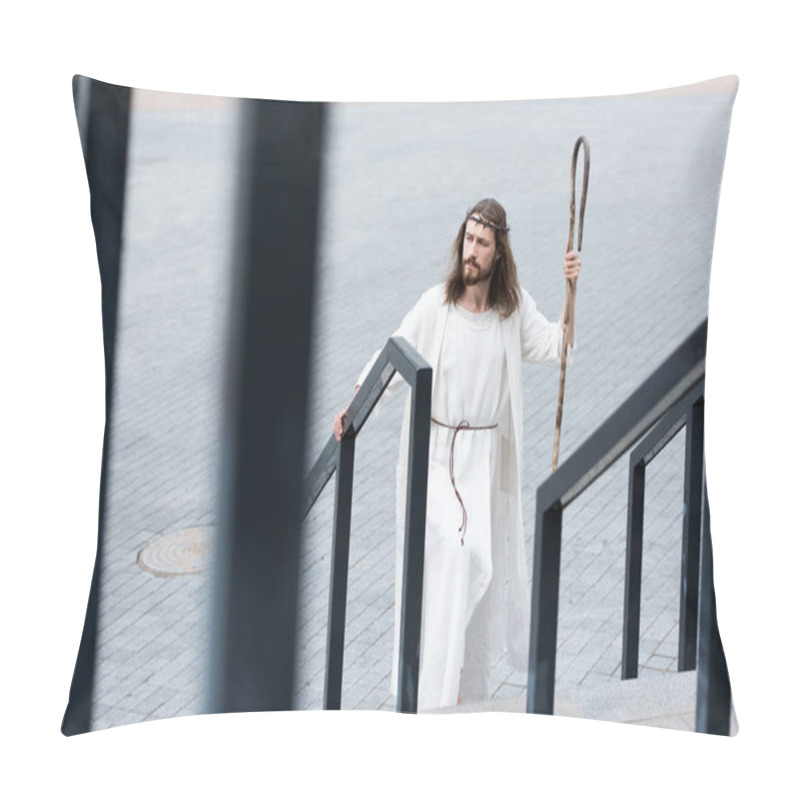 Personality  High Angle View Of Jesus In Robe And Crown Of Thorns Walking On Stairs With Staff Pillow Covers