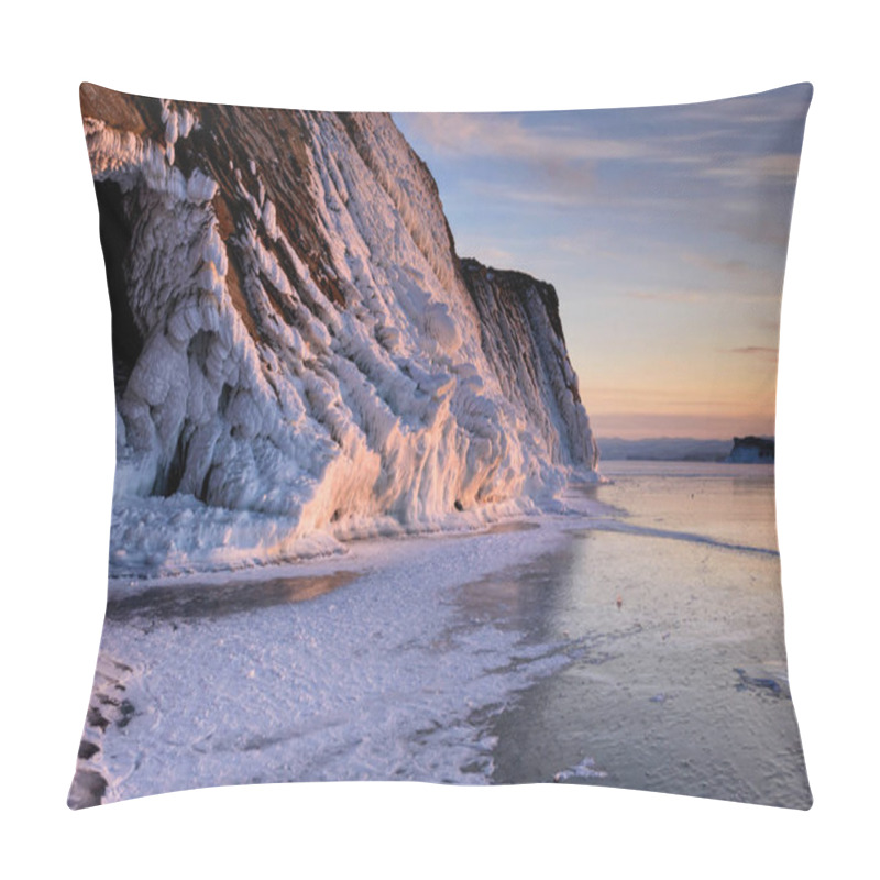 Personality  Lake Baikal Is Covered With Ice And Snow, Strong Cold, Thick Clear Blue Ice. Icicles Hang From The Rocks. Lake Baikal Is A Frosty Winter Day. Amazing Place Pillow Covers