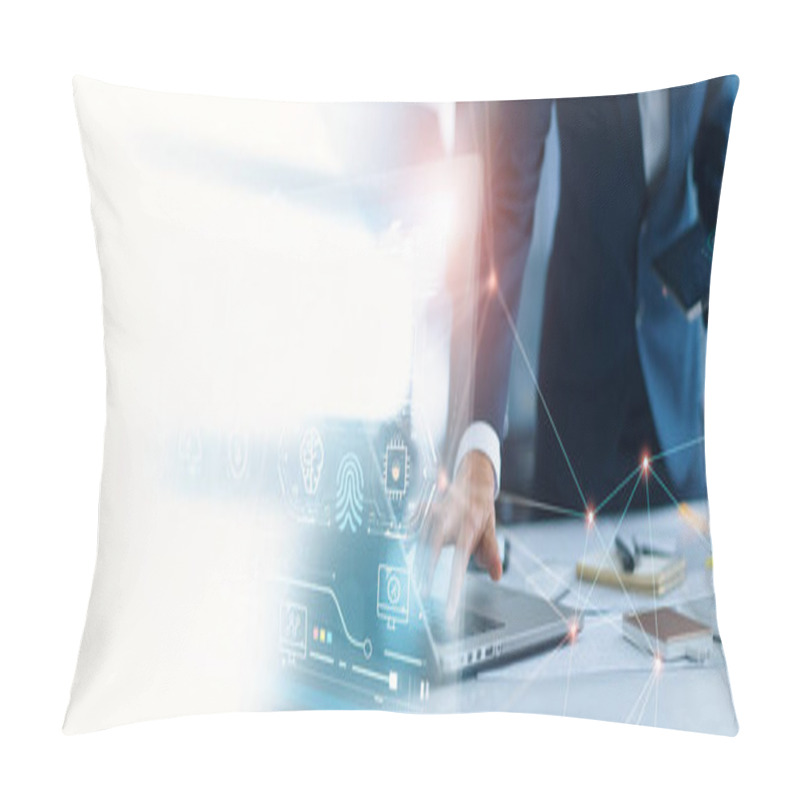 Personality  Businessman Connect To Global Network And Create A New Approach To Investment Project And Develop Software To Improve Business Service. Communication Networking And Worldwide Connection Technology. Pillow Covers