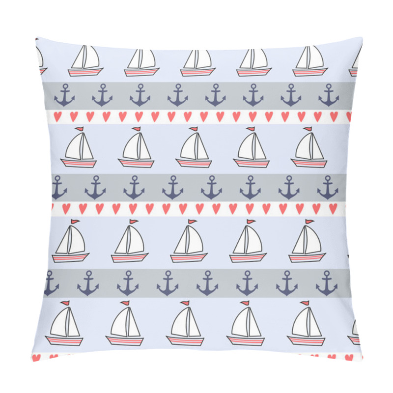 Personality  Cute Nautical Background. Navy Vector Seamless Pattern: Anchor, Sailboat, Heart. Pillow Covers