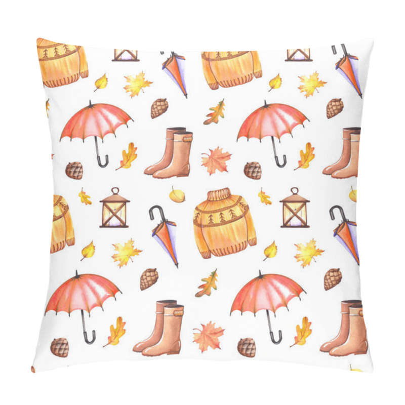 Personality  Seamless Pattern With Cozy Sweaters, Rubber Boots, Umbrellas, Lanterns, Pine Cones And Autumn Leaves. Watercolor Isolated On White Background. Pillow Covers