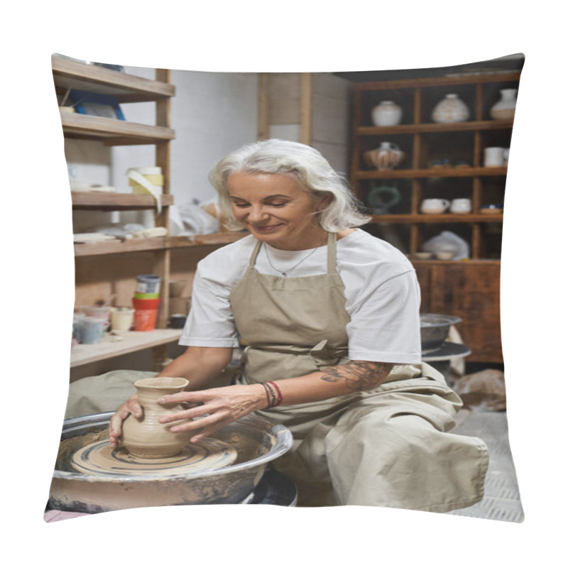 Personality  A Skilled Mature Woman Crafts A Delicate Pottery Piece, Showcasing Her Artistic Talent And Joy. Pillow Covers