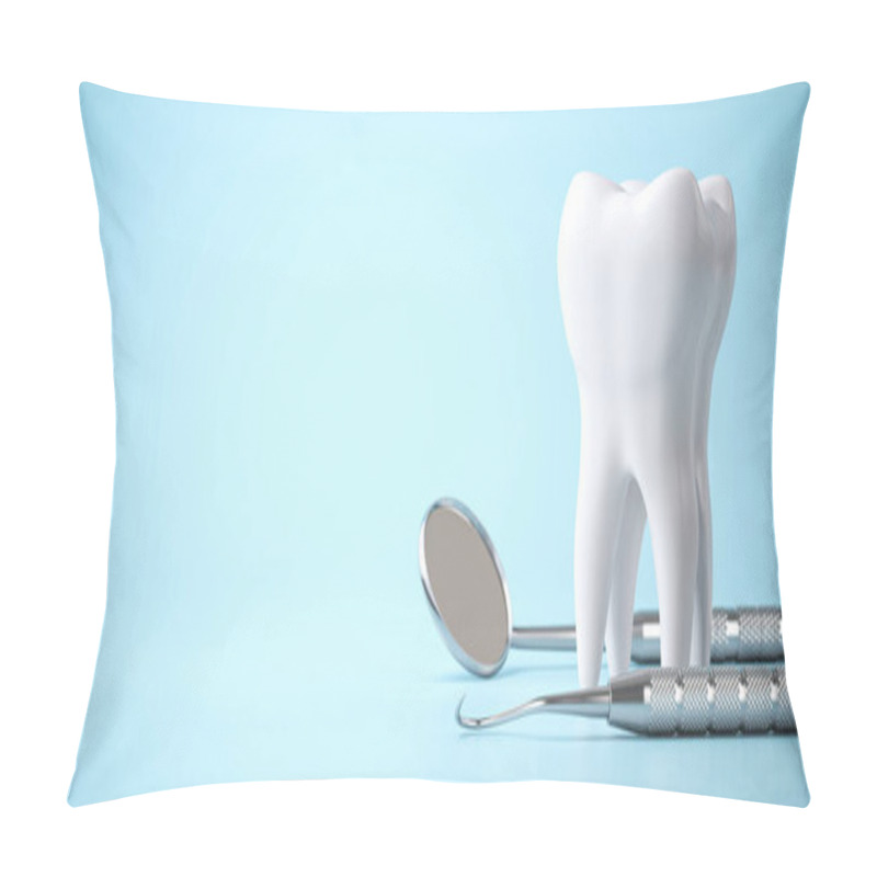 Personality  Tooth And Dental Tools On Blue Background. Dental Care, Treatments And Oral Health Background. 3d Illustration Pillow Covers