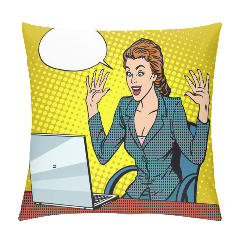 Personality  Happy Business Woman With Laptop Pillow Covers