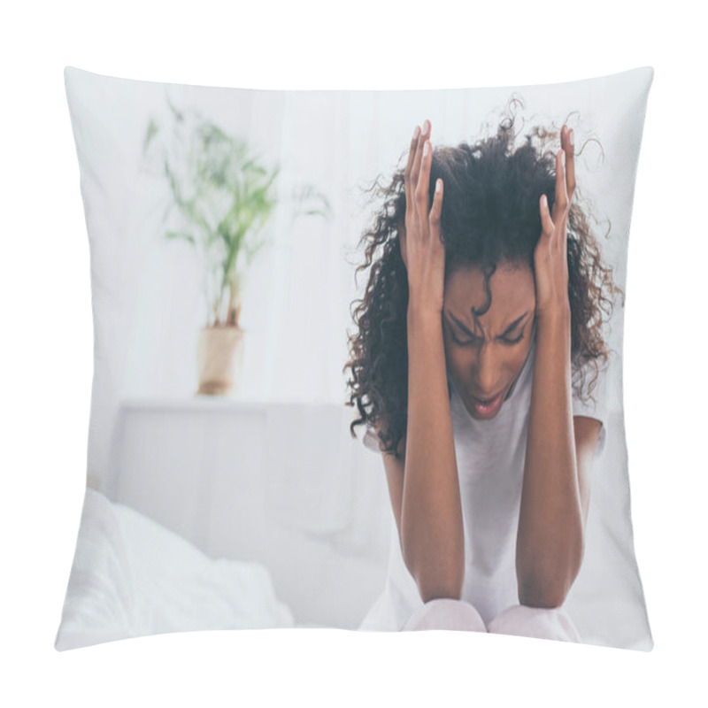 Personality  Exhausted African American Woman Suffering From Headache In Bedroom Pillow Covers