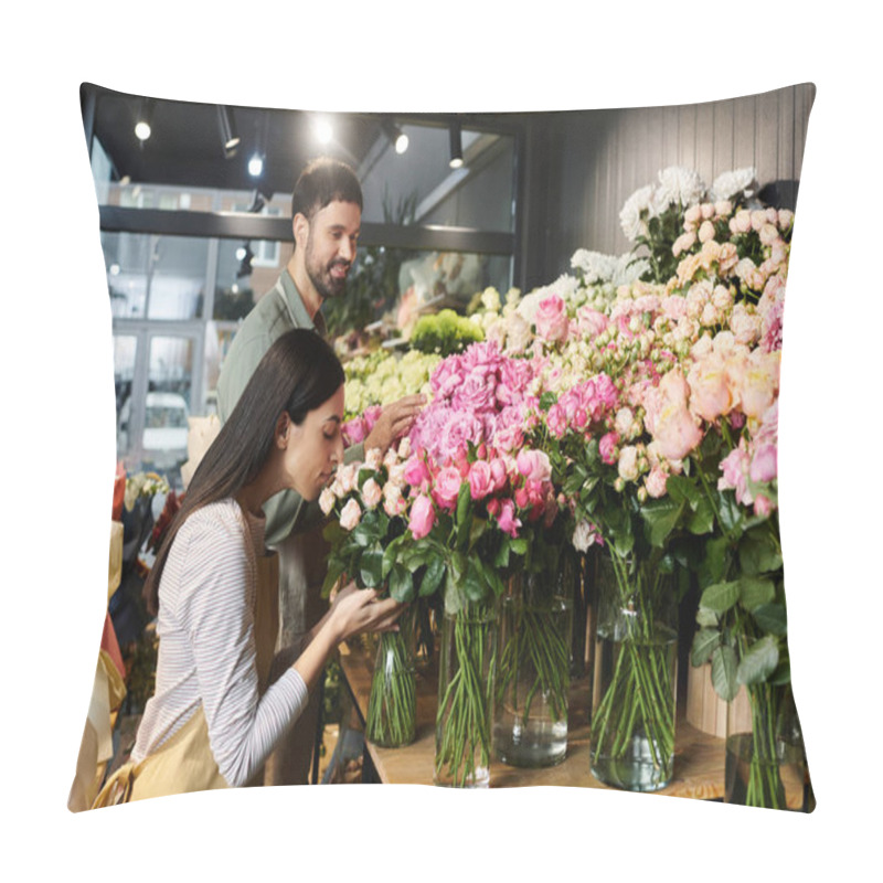 Personality  A Couple Works Together, Arranging Vibrant Flowers In Their Cozy Florist Shop, Showcasing Teamwork. Pillow Covers