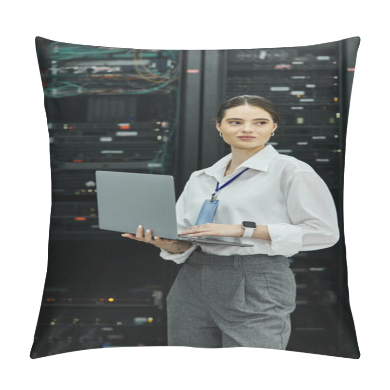 Personality  A Woman In A White Shirt Works On Her Laptop In A Modern Server Room, Ensuring Security. Pillow Covers