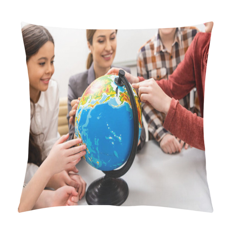 Personality  Cropped View Of Pupils And Teacher Looking At Globe While Studying Geography In Classroom Pillow Covers