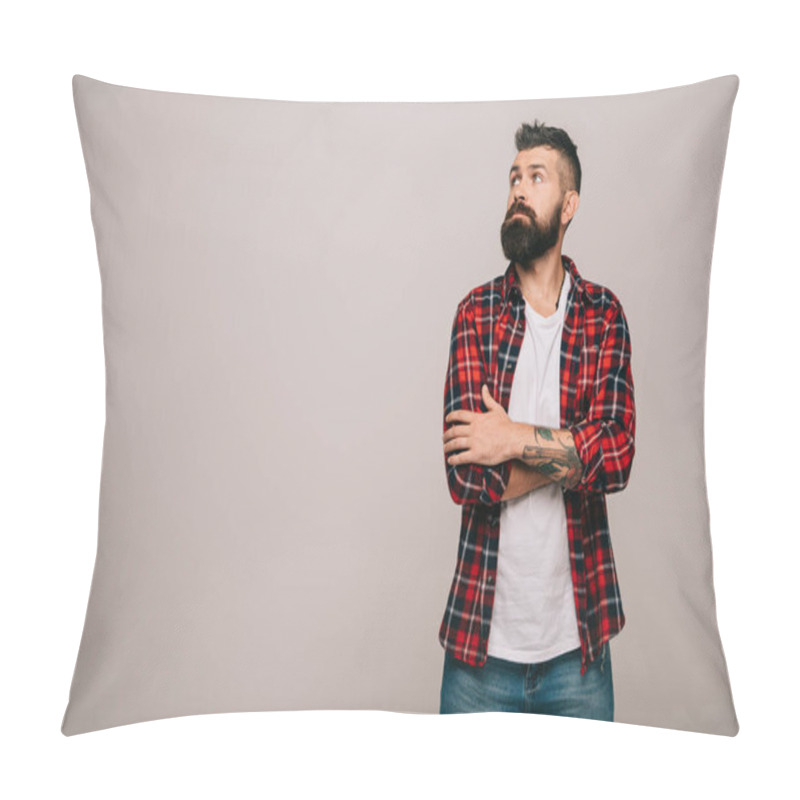 Personality  Thoughtful Bearded Man In Checkered Shirt Isolated On Grey With Copy Space  Pillow Covers