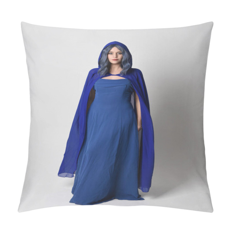 Personality  Full Length Portrait Of Beautiful Female Model Wearing Elegant Fantasy Blue Ball Gown And Flowing Cape With Hood.Standing Pose, With Gestural Arms Reaching Out . Isolated On White Studio Background. Pillow Covers