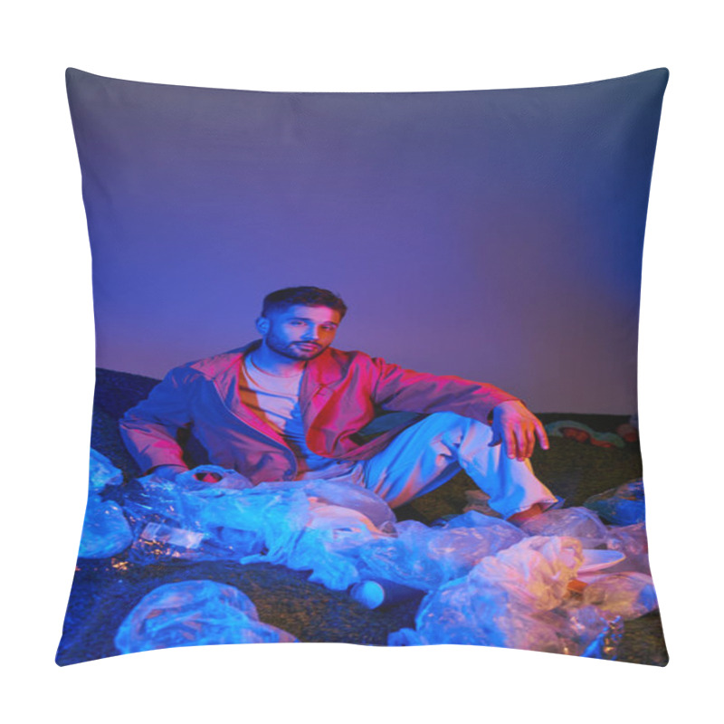 Personality  A Man Sits Amidst A Sea Of Plastic, Bathed In Blue And Red Light. Pillow Covers