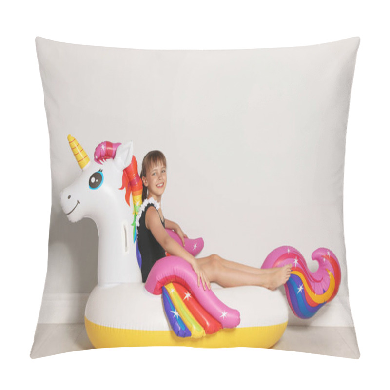 Personality  Cute Little Girl On Bright Inflatable Ring Near Light Wall Pillow Covers