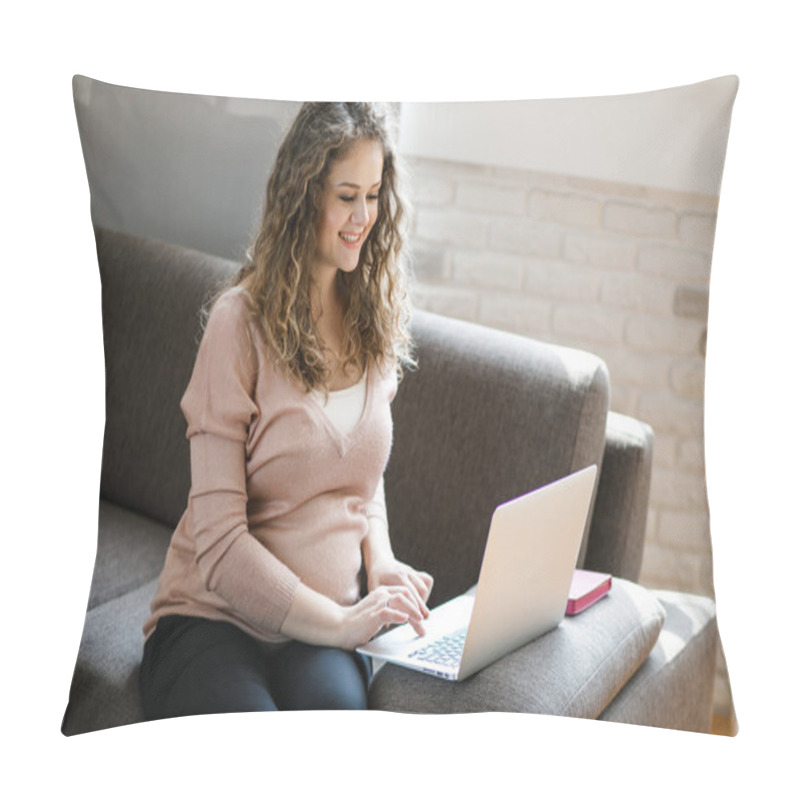 Personality  Beautiful Pregnant Woman Working Behind A Laptop Sitting On The Sofa. The Happiest Time For Every Woman. Pillow Covers