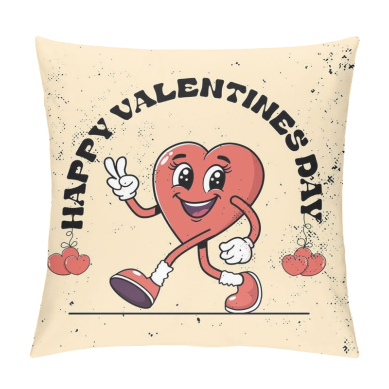 Personality  Vintage Retro Cartoon Wind-up Walking Smiling Heart Mascot With Rainbow. Trendy Retro Romantic Mascot. Funny 70's Comic Style. Retro Vintage Valentine's Day Banner. Happy Valentine's Day. Pillow Covers