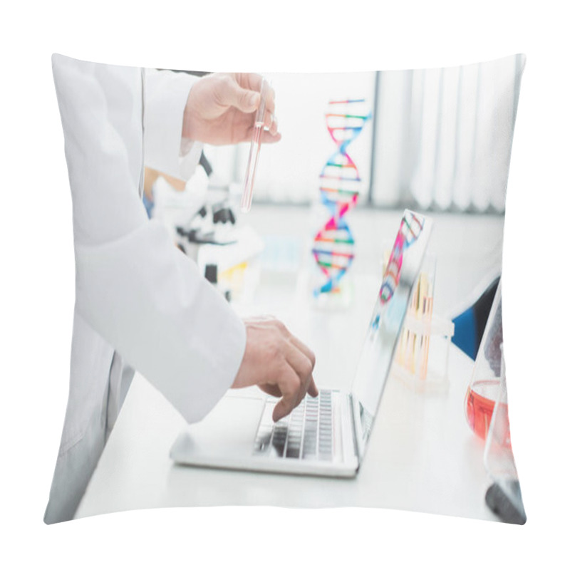 Personality  Cropped View Of Geneticist With Test Tube Using Laptop In Laboratory Pillow Covers