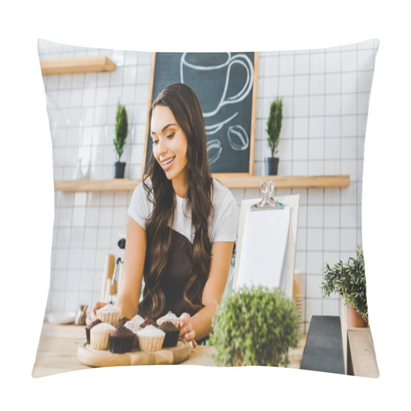 Personality  Attractive Waitress Standing Behind Wooden Bar Counter And Holding Tray With Cupcakes In Coffee House Pillow Covers