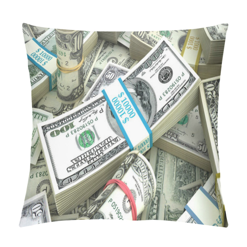 Personality  Money. Group Of Various USD Banknotes Wads And Rolls. Pillow Covers