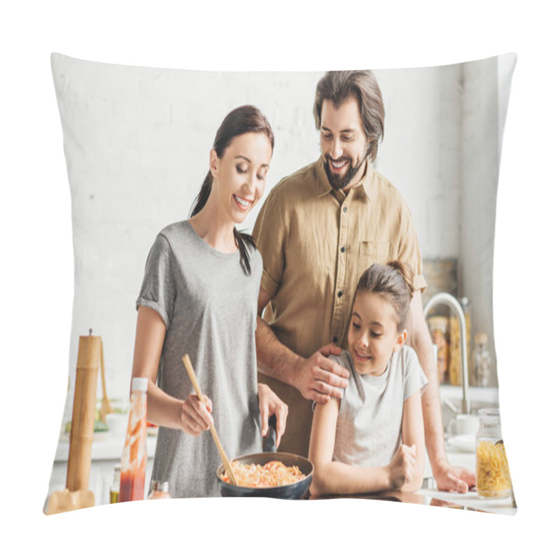 Personality  Beautiful Family With Little Daughter Cooking Omelet At Kitchen Pillow Covers