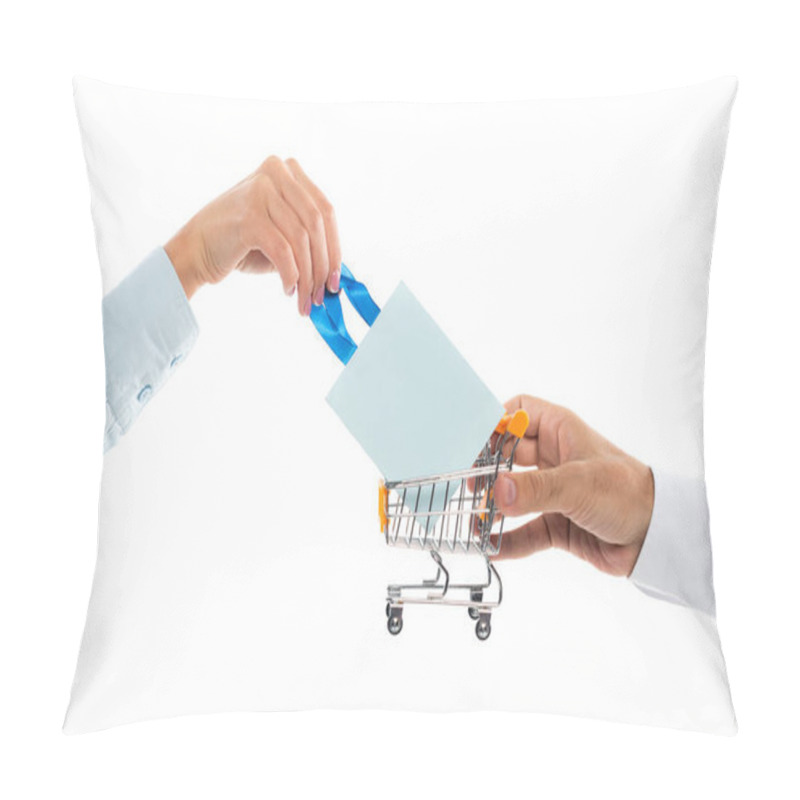 Personality  Cropped View Of Man Holding Tiny Shopping Cart Near Woman With Paper Bag Isolated On White  Pillow Covers