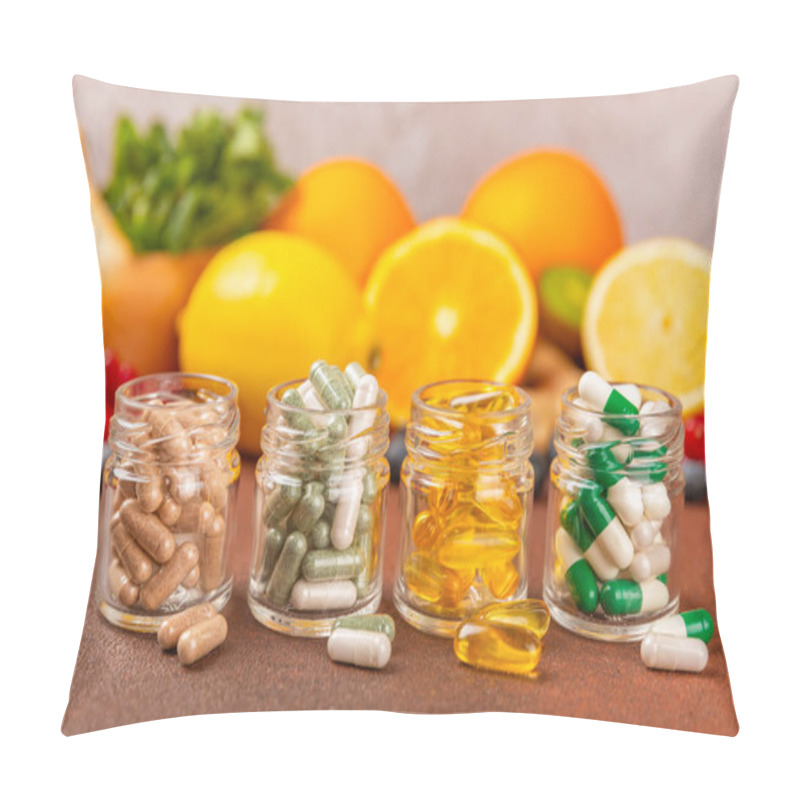 Personality  Vitamins and supplements. A variety of vitamin tablets in a jar on a textured background. A multivitamin complex for every day. Nutritional supplements.Place for text.Copy space.Vitamins for immunity pillow covers