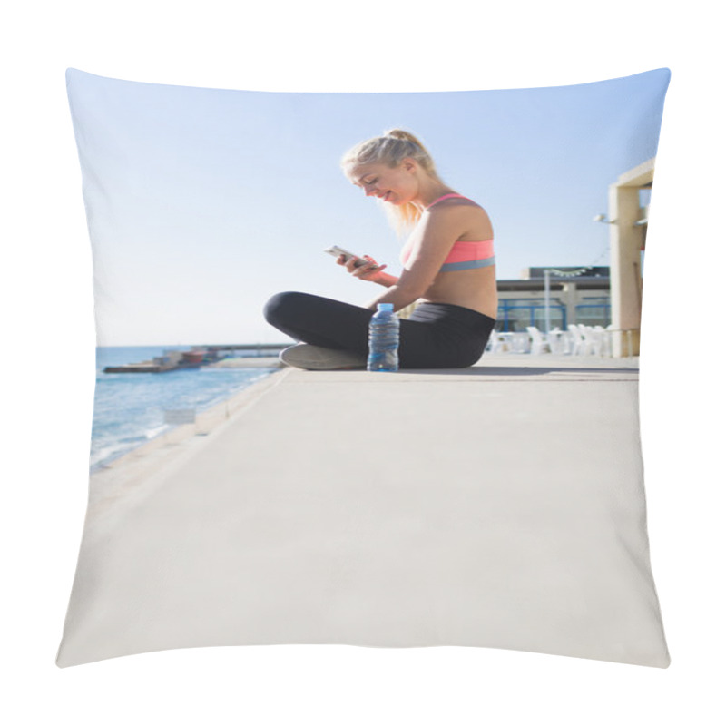 Personality  Fitness Woman Using Her Mobile Phone Pillow Covers