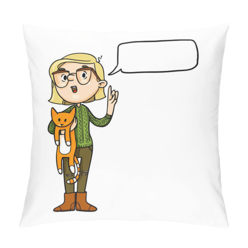 Personality  Cute Talking Cartoon Girl With Ginger Cat. Speech Bubble Blank. Vector Isolated Hand Drawn Character Pillow Covers