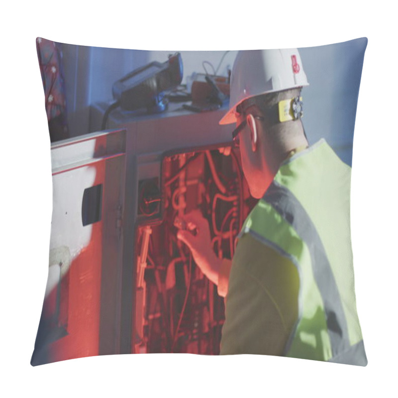 Personality  Confused Service Engineer Works With Broken Electrical Equipment Of An Industrial Robot Cabinet Pillow Covers