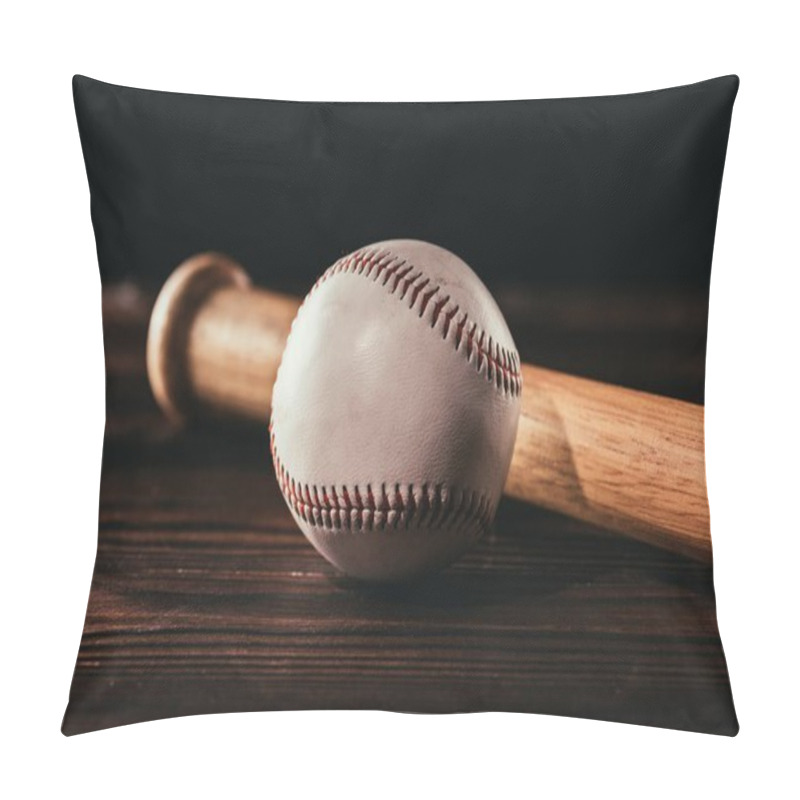 Personality  Close-up View Of White Leather Baseball Ball And Bat On Wooden Table Pillow Covers