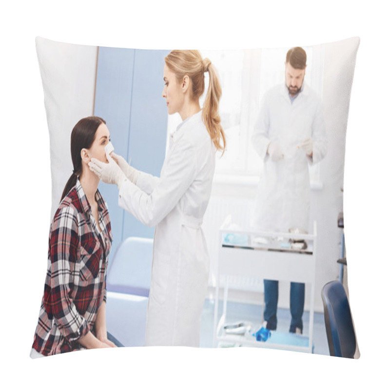 Personality  Experienced Cosmetic Surgeon Looking At Her Patient Pillow Covers