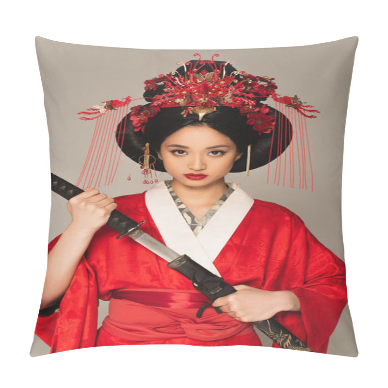 Personality  Asian Woman In National Clothes Holding Weapon Isolated On Grey  Pillow Covers