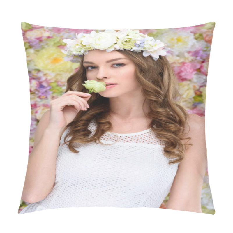 Personality  Attractive Young Woman In Floral Wreath With Blossoming Rose Bud Pillow Covers