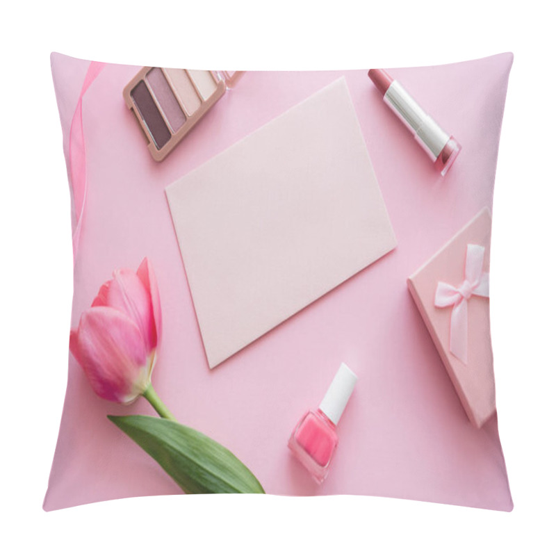 Personality  Top View Of Tulip Near Decorative Cosmetics, Envelope And Gift Box On Pink Pillow Covers