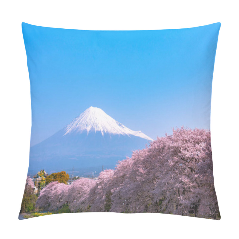 Personality  Mount Fuji ( Mt. Fuji ) With Full Bloom Beautiful Pink Cherry Blossoms Flowers ( Sakura ) In Springtime Sunny Day With Blue Sky Natural Background Pillow Covers