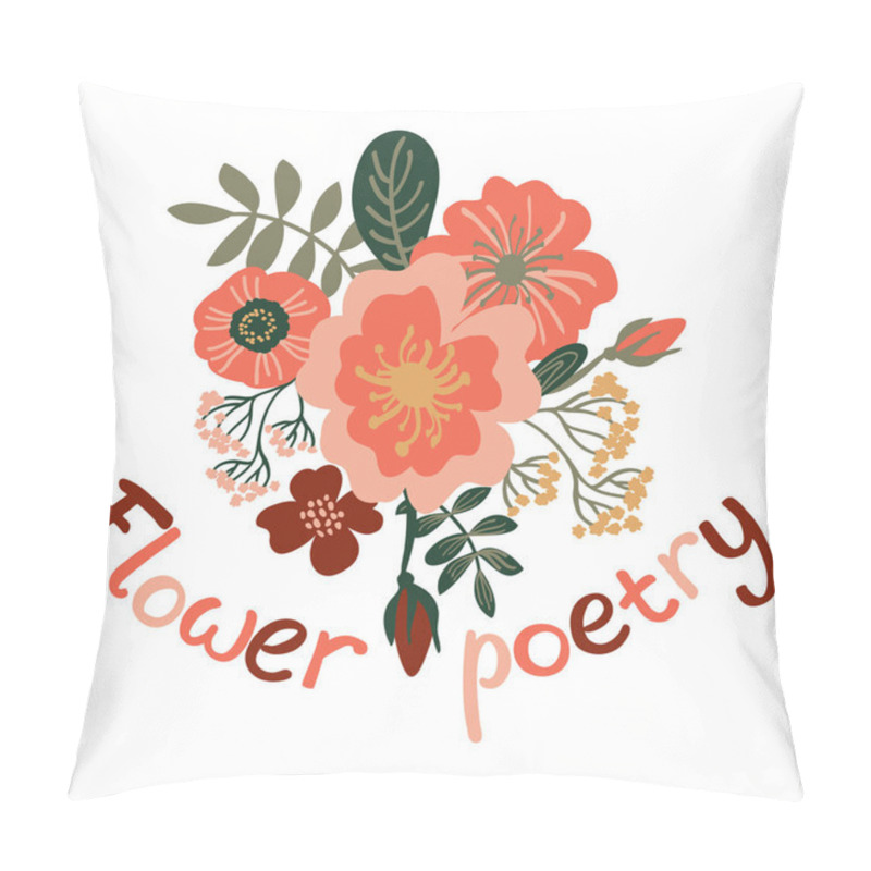 Personality  Hand Drawn Stylized Minimalistic Branches With Green Leaves And Pink And Maroon Flowers On A White Background. Flat Cartoon Vector Illustration. Botanical Elements With Lettering Flower Poetry. Pillow Covers