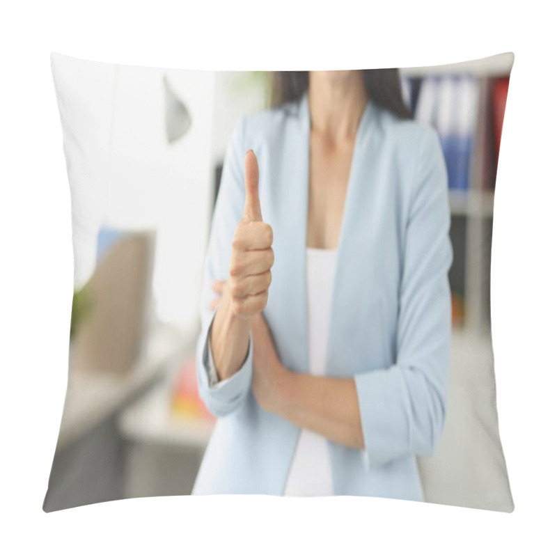 Personality  Businesswoman In Suit Holds Thumbs Up In Office. Help And Business Support Concept Pillow Covers