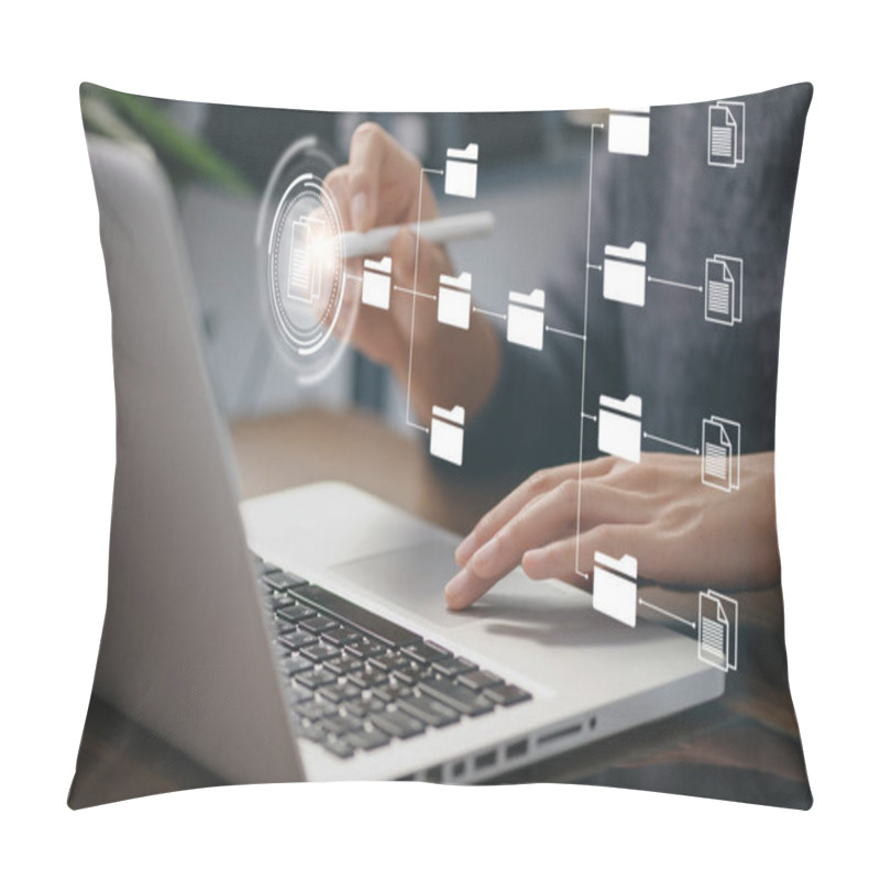 Personality  Businessman Using A Computer To Document Management Concept, Online Documentation Database And Digital File Storage System Or Software, Records Keeping, Database Technology, File Access, Doc Sharing. Pillow Covers