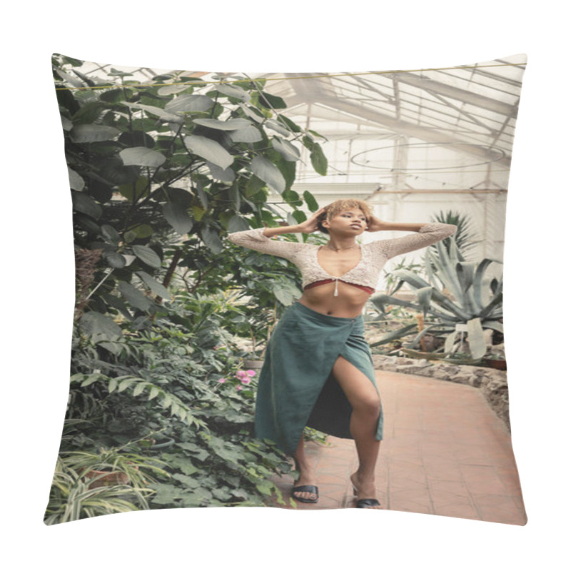 Personality  Full Length Of Trendy Young African American Woman In Summer Knitted Top And Skirt Standing And Posing Near Green Foliage In Greenhouse, Stylish Woman With Tropical Backdrop Pillow Covers