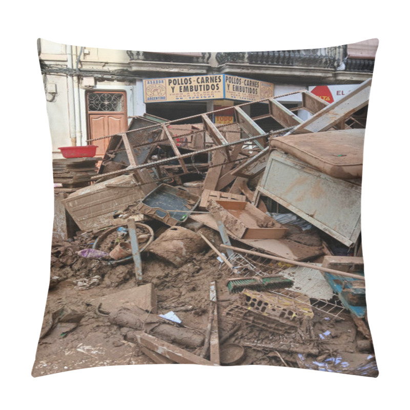 Personality  CATARROJA, SPAIN - NOVEMBER 9, 2024: View Of Devastating Floods In Valencia Caused By Torrential Rains On October 29 - 30. The Disaster Has Affected Several Towns, Such As Catarroja And Paiporta. Pillow Covers