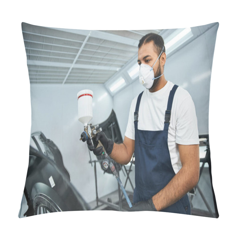 Personality  A Skilled Young Mechanic Applies Fresh Paint To A Car Component In A Sleek, Well Equipped Garage. Pillow Covers