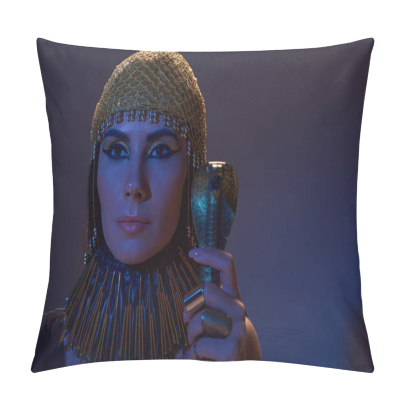 Personality  Woman In Egyptian Headdress And Makeup Holding Crook In Snake Shape On Blue Light On Brown Pillow Covers