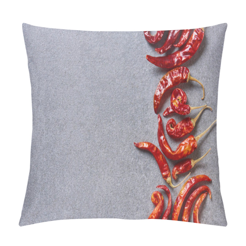 Personality  Top View Of Red Dried Chili Peppers Arranged On Grey Tabletop Pillow Covers