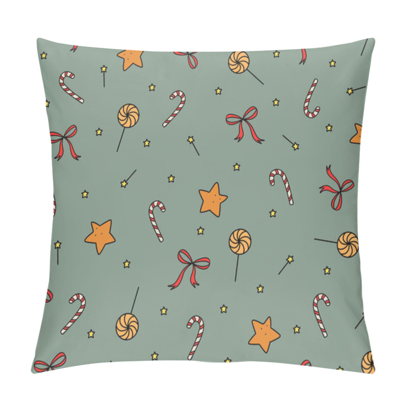 Personality  Colorful Festive Pattern Featuring Candy, Stars, And Ribbons On A Muted Green Background Pillow Covers