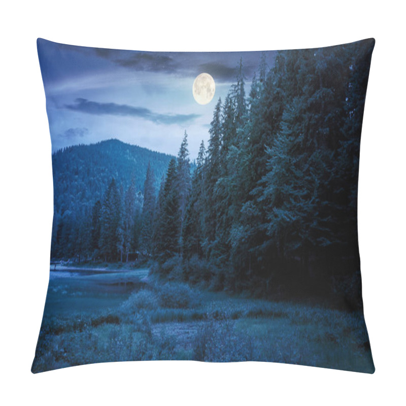 Personality  Lake Summer Landscape At Night. Beautiful Scenery Among The Forest In Mountains In Full Moon Light Pillow Covers