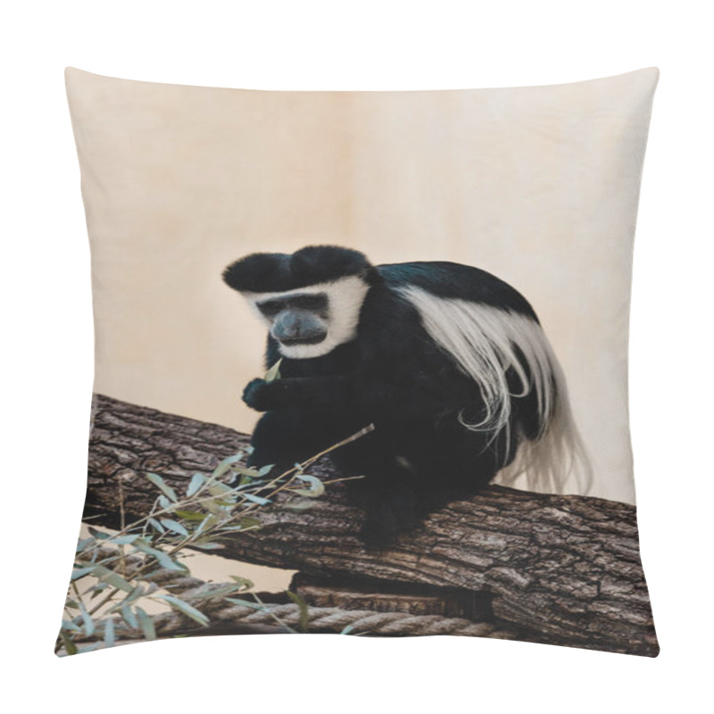 Personality  Selective Focus Of Black And White Monkey Sitting On Tree Near Green Plant  Pillow Covers