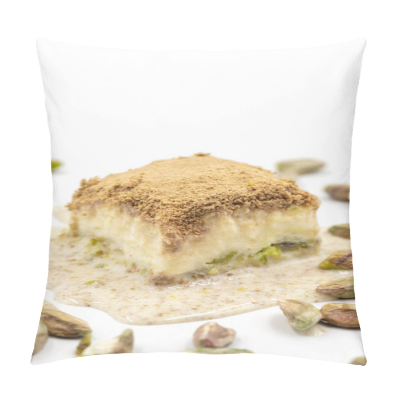 Personality  Cold Baklava On A White Background. Cold Baklava Prepared With Milk And Pistachio Is Very Popular. Traditional Mediterranean Cuisine Delicacies. Close-up Cold Baklava. Local Name Soguk Baklava Pillow Covers