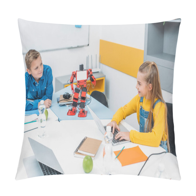 Personality  Schoolchildren Programming Robot Together And Using Laptops During STEM Educational Class Pillow Covers