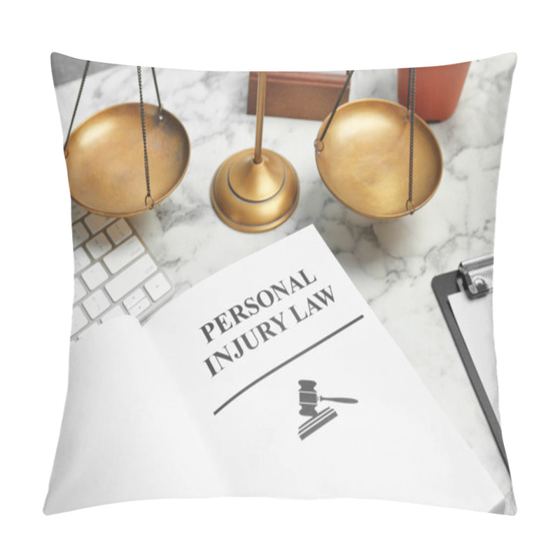 Personality  Book With Words PERSONAL INJURY LAW And Scales Of Justice On Table, Closeup Pillow Covers