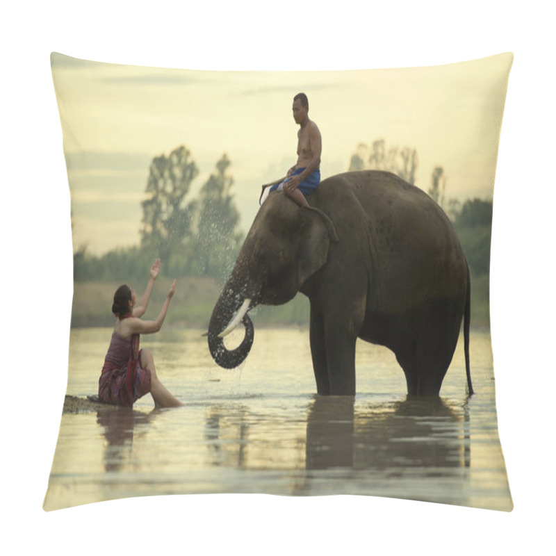 Personality  Elephant Mahout Women And Men Are Taking A Bath In The River Dur Pillow Covers