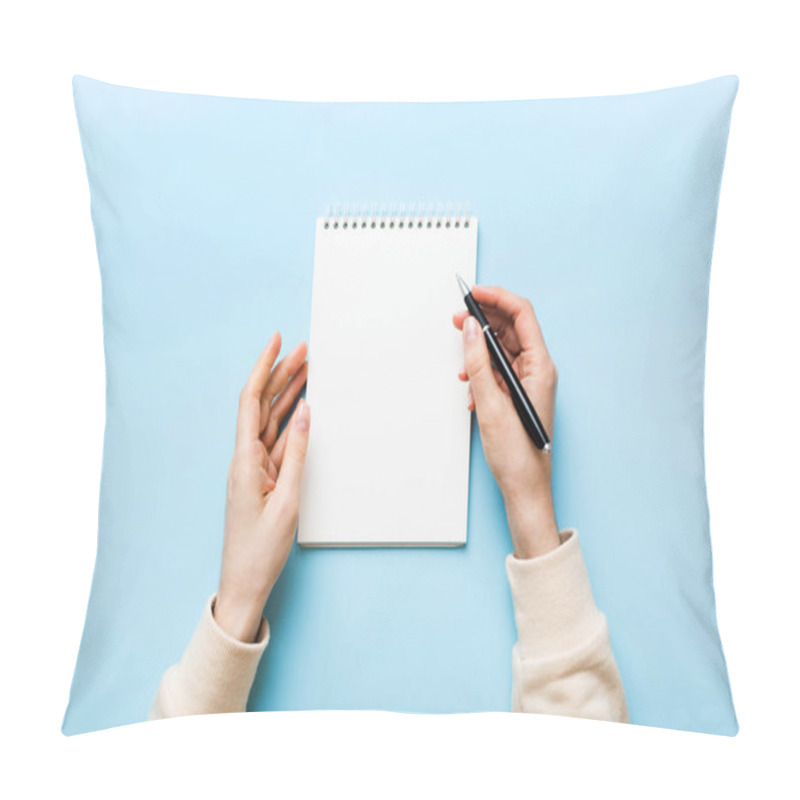 Personality  Woman Hand With Pencil Writing On Notebook. Woman Working On Office Table. Female Hand Holding Pencil And Sketchbook. Mock-up Concept. Pillow Covers