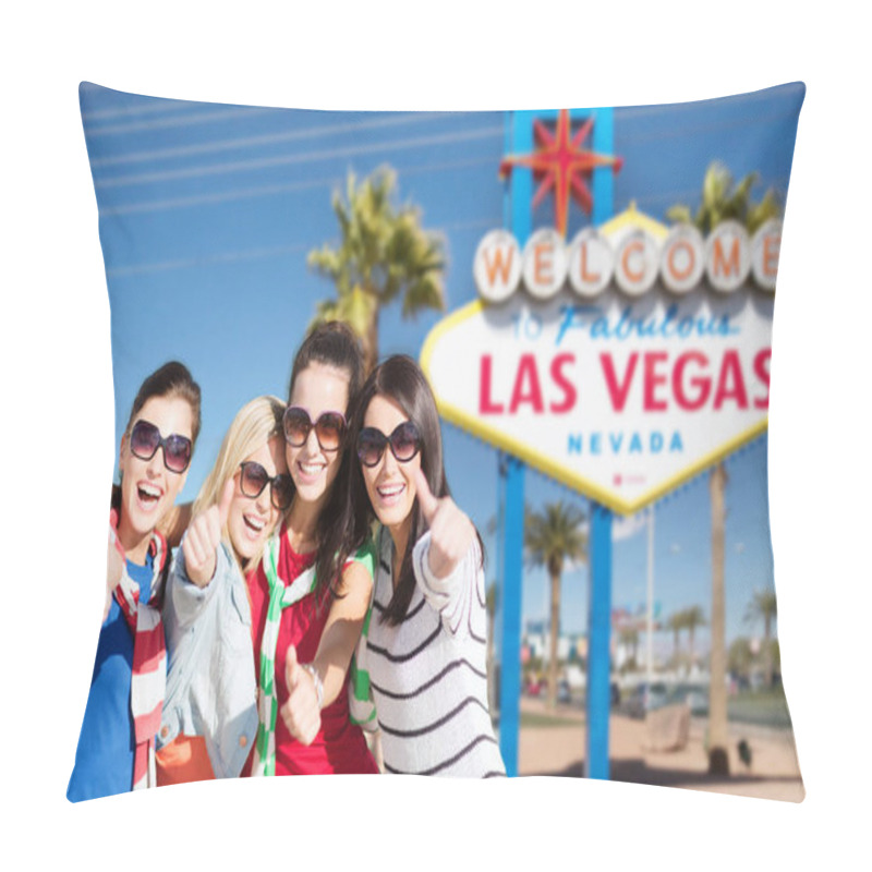 Personality  Group Of Happy Women Or Friends At Las Vegas Pillow Covers